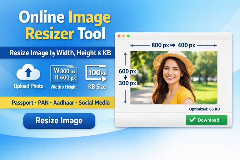 Online image resizer tool to resize images by width, height and KB for passport, PAN, Aadhaar and social media