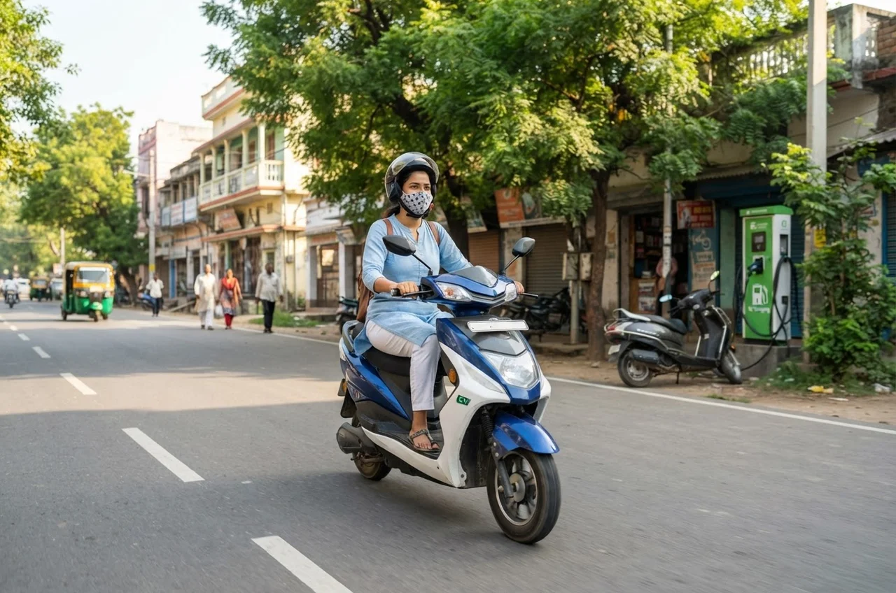 बिहार EV सब्सिडी 2026 — इलेक्ट्रिक स्कूटी, ई-रिक्शा व कार पर कितनी सब्सिडी, कैसे पाएँ 2 बिहार EV सब्सिडी 2026 — शहर की सड़क पर इलेक्ट्रिक स्कूटर चलाती महिला, पीछे EV चार्जिंग स्टेशन