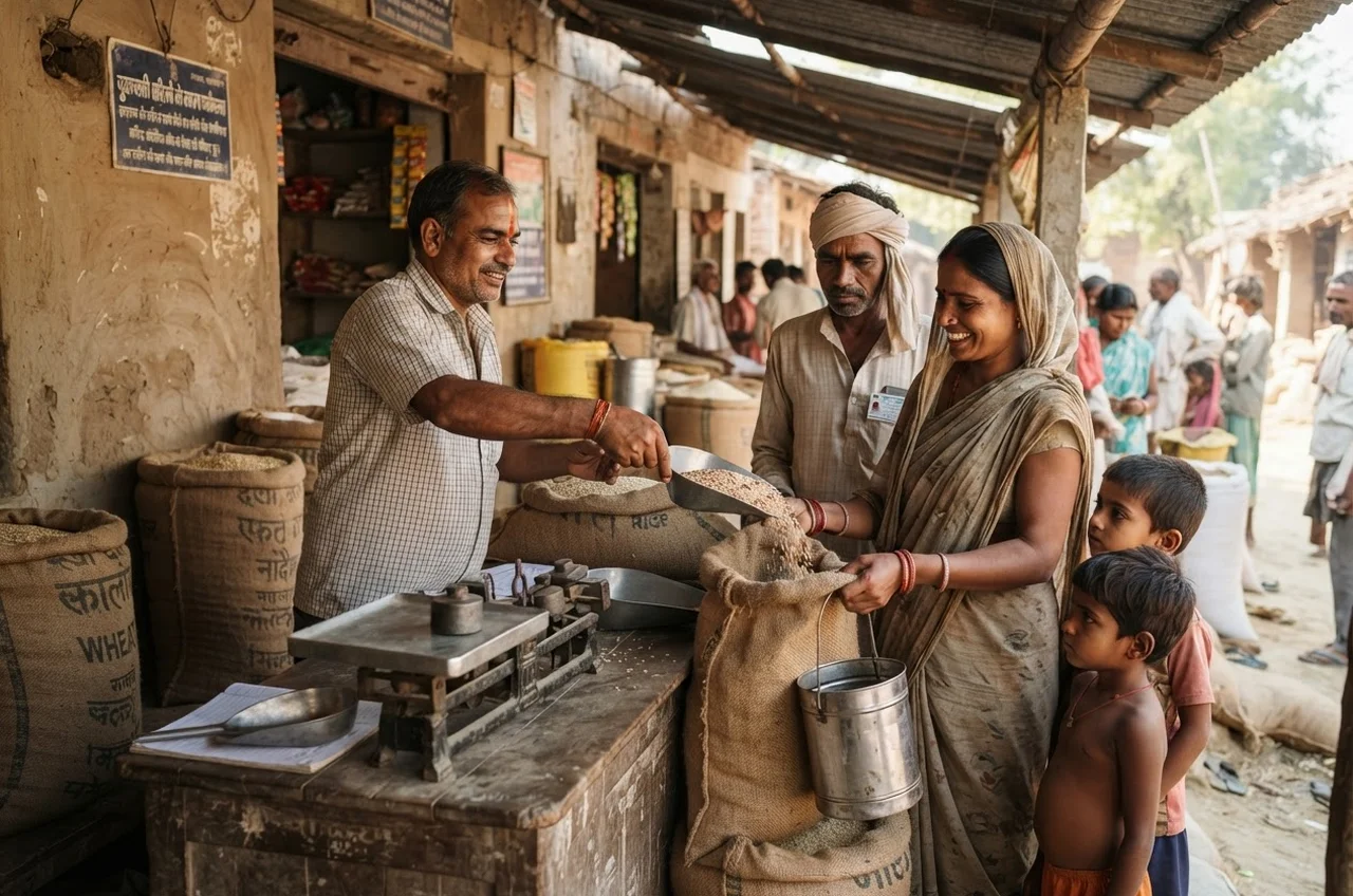 बिहार राशन कार्ड ऑनलाइन आवेदन 2026 — नया राशन कार्ड कैसे बनाएँ, लिस्ट व स्टेटस 2 बिहार राशन कार्ड ऑनलाइन आवेदन 2026 — गाँव की राशन दुकान पर अनाज लेता परिवार