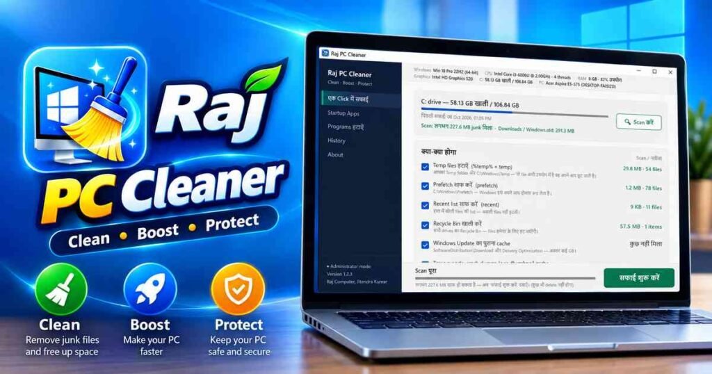 Raj PC Cleaner Free Download 2026 — एक Click में Windows 10/11 PC का Junk साफ़ करके तेज़ बनाएँ